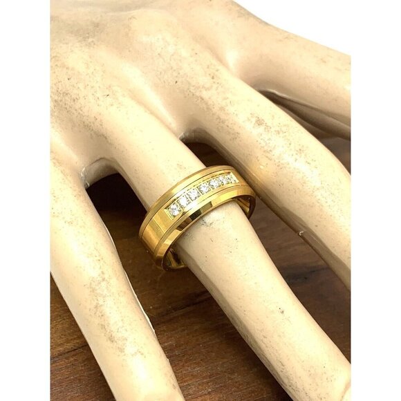 Men's Wedding Band Gold Tone Tungsten Cubic Zirconia 8mm Ring Size 10 - Picture 6 of 15